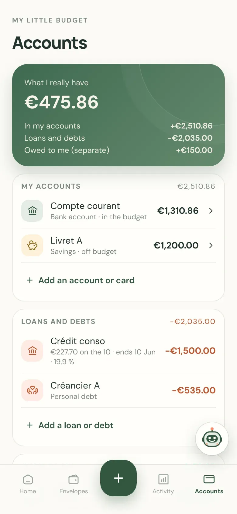 Accounts: what I really have, accounts, loans and debts