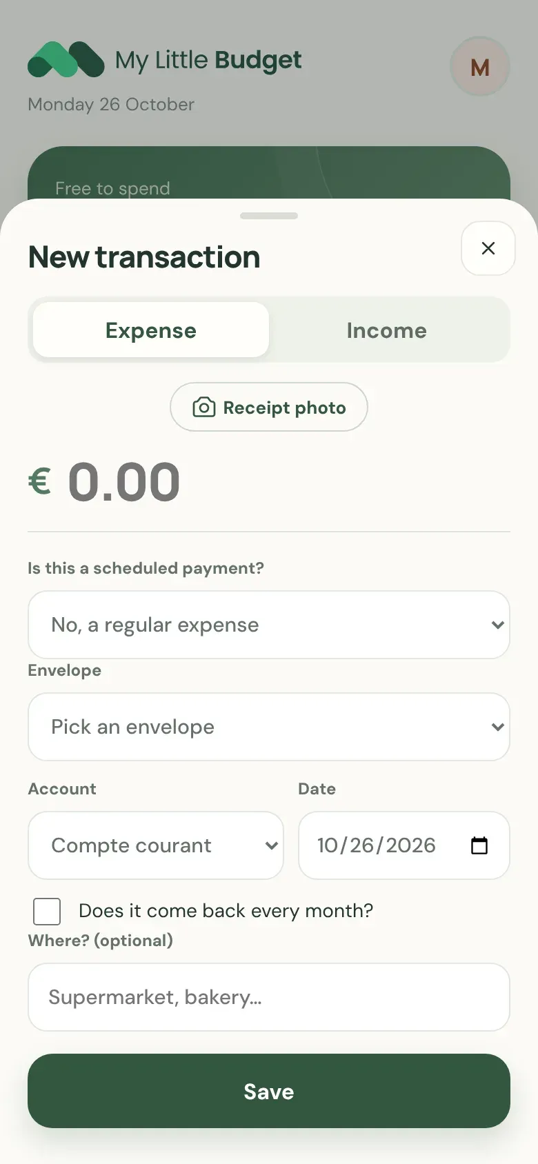 New transaction: amount, envelope, account, date, receipt photo button