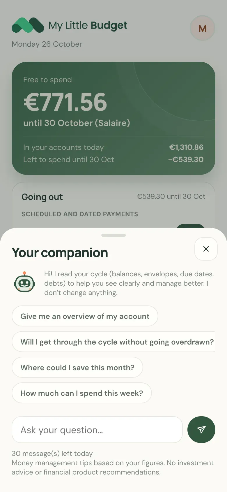 Your companion: suggested questions and a field to ask your own