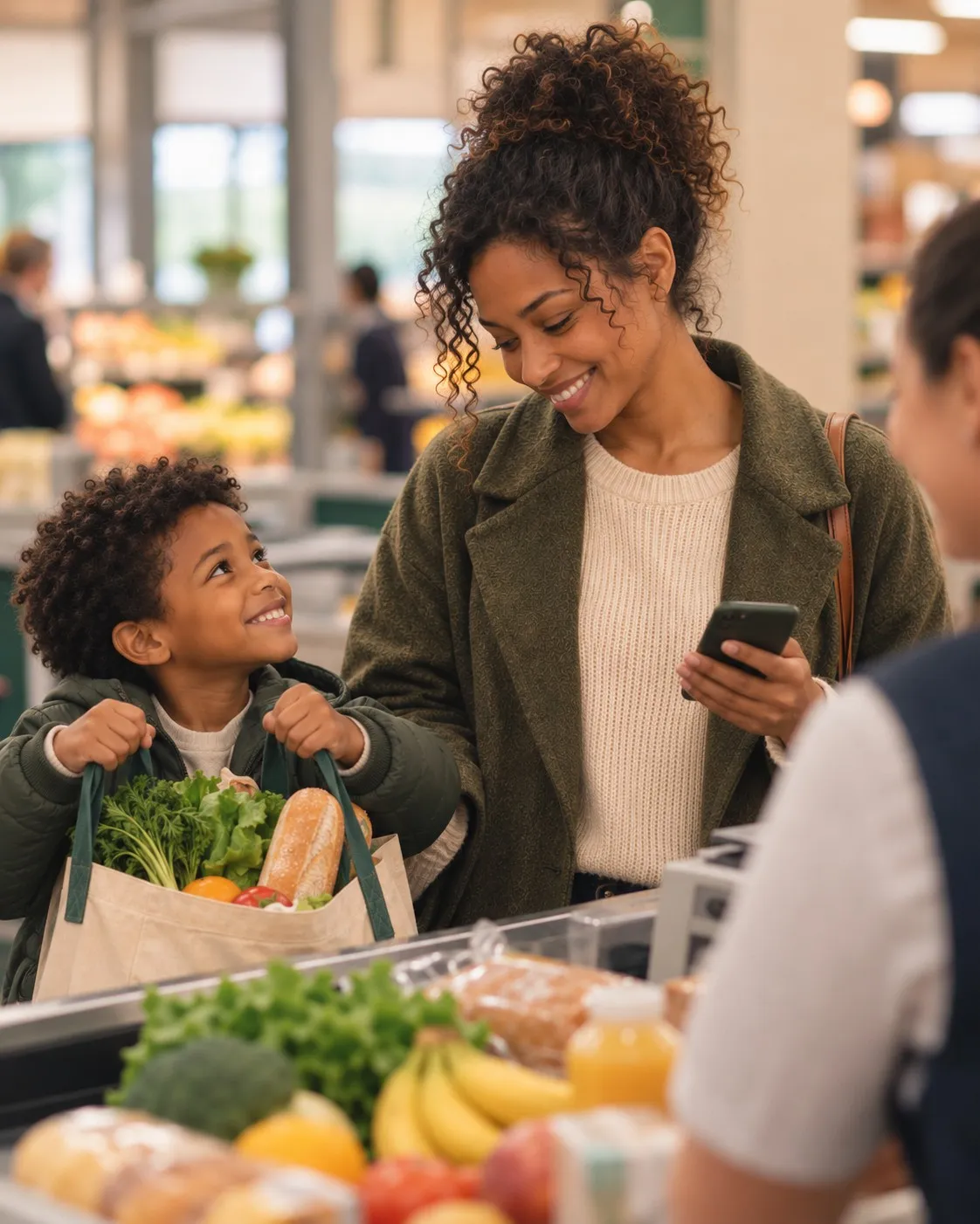 At the checkout, a mother smiles at her son, proudly carrying the shopping bag; she holds her phone. Fictional characters, AI-generated image.